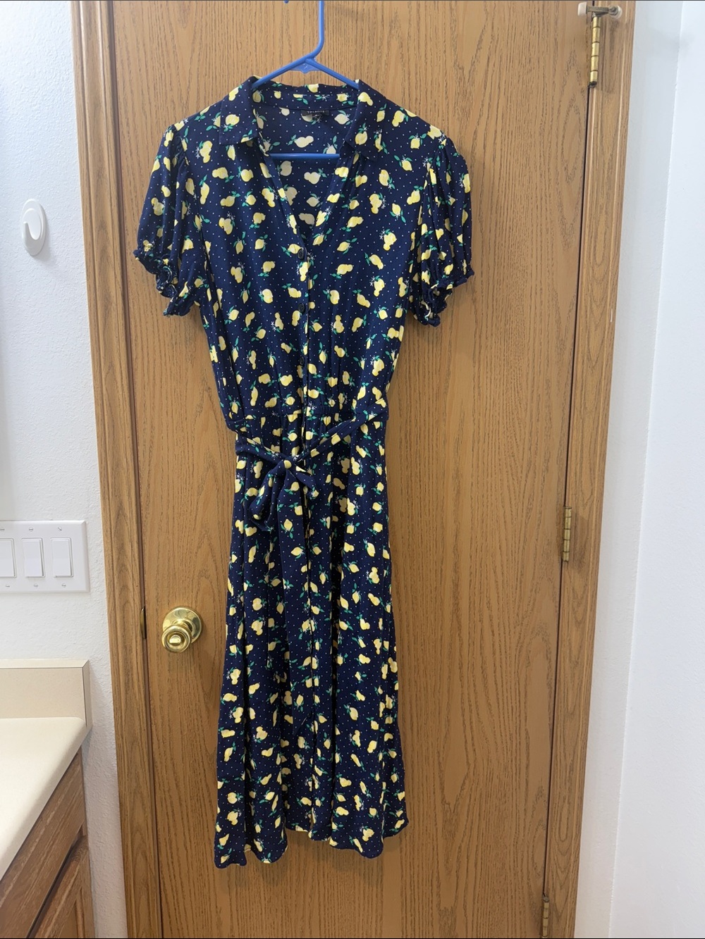 Talbots Navy Lemon-Print Button Front Midi Dress